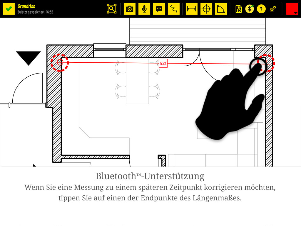 Um eine Messung später zu korrigieren, tippen Sie auf einen der Endpunkte des Längenmaßes.