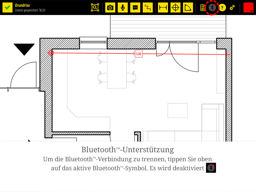 Um die Bluetooth-Verbindung zu trennen, tippen Sie oben auf das aktive Bluetooth-Symbol. Es wird deaktiviert.