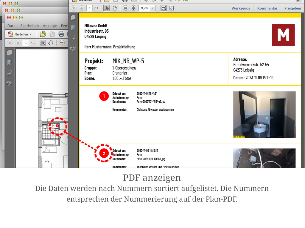 Die Daten werden nach Nummern sortiert aufgelistet. Die Nummern entsprechen der Nummerierung auf der Plan-PDF.