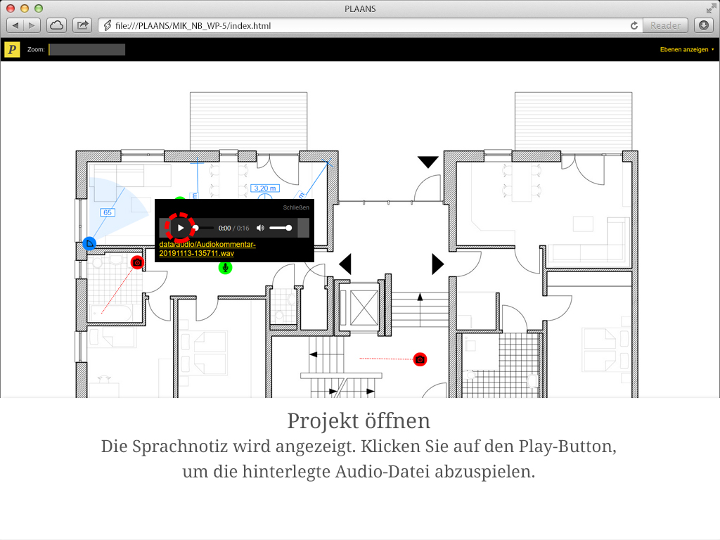 Die Sprachnotiz wird angezeigt. Klicken Sie auf den Play-Button, um die hinterlegte Audio-Datei abzuspielen.