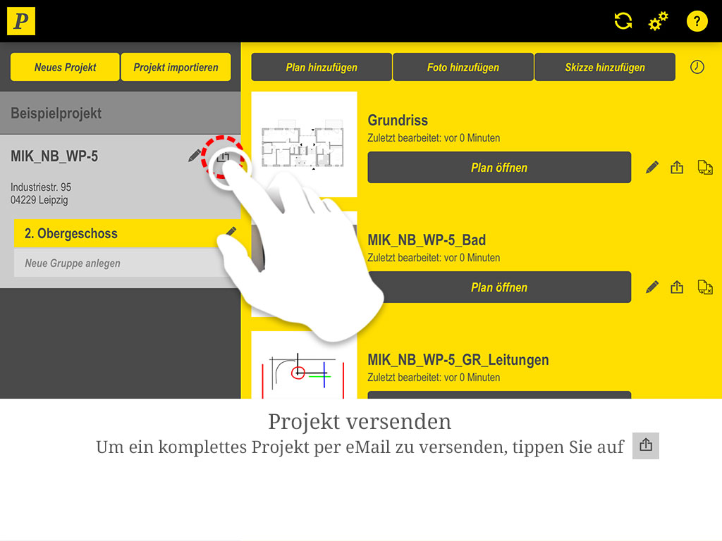 Um ein komplettes Projekt per E-Mail zu versenden, tippen Sie neben dem Projektnamen auf das Teilen-Symbol.