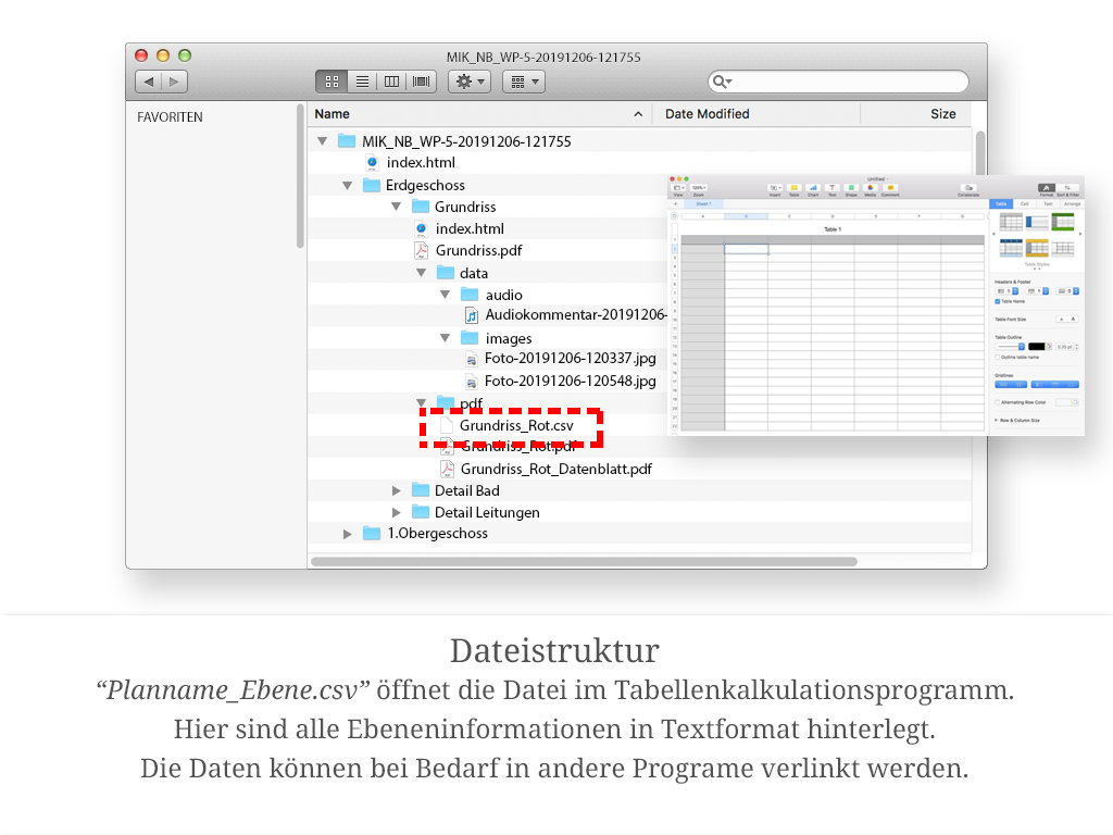 „Planname_Ebene.csv" im Ordner „pdf" öffnet die Ebeneninformationen im Tabellenkalkulationsprogramm. Die Daten lassen sich bei Bedarf in andere Programme verlinken.