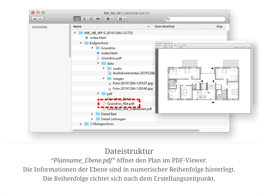 „Planname_Ebene.pdf" öffnet den Plan der Ebene im PDF-Viewer. Die Einträge sind in numerischer Reihenfolge nach Erstellungszeitpunkt hinterlegt.