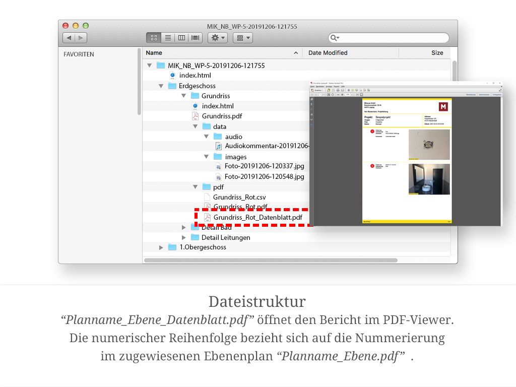 „Planname_Ebene_Datenblatt.pdf" öffnet den Bericht im PDF-Viewer. Die Nummerierung entspricht der auf dem zugehörigen Ebenenplan „Planname_Ebene.pdf".