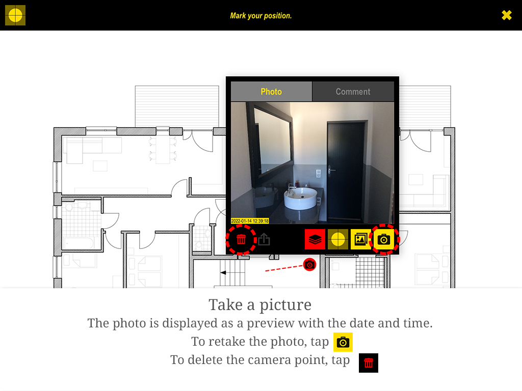 Photo in Plaans placed on the floor plan with position, viewing direction, date and time