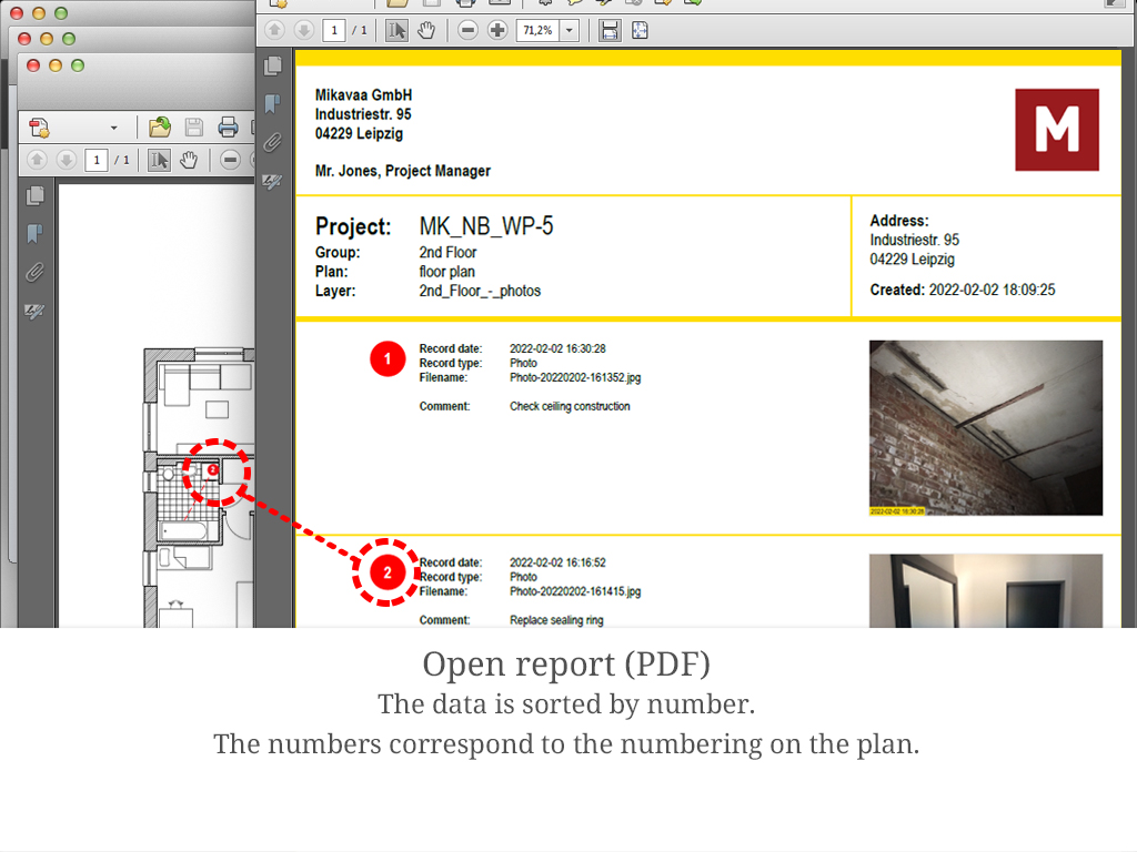 PDF data sheet from Plaans with company logo, numbered photos and comments